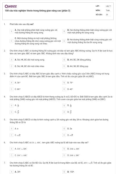 100 câu trắc nghiệm Vecto trong không gian nâng cao (phần 3)
