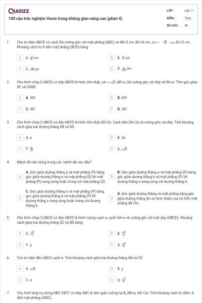 100 câu trắc nghiệm Vecto trong không gian nâng cao (phần 4)