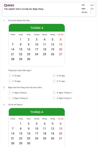 Trắc nghiệm Toán 2 (có đáp án): Ngày, tháng