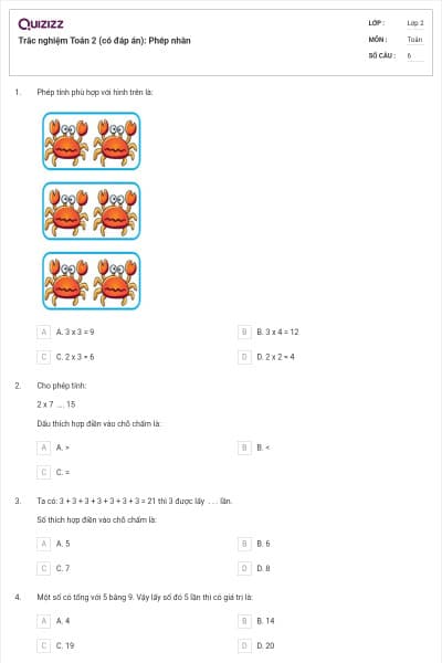 Trắc nghiệm Toán 2 (có đáp án): Phép nhân