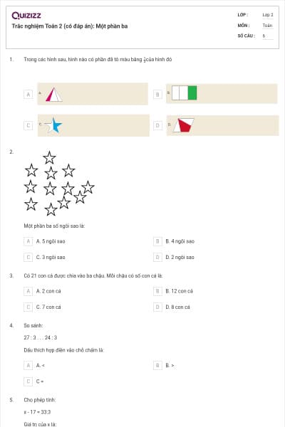 Trắc nghiệm Toán 2 (có đáp án): Một phần ba