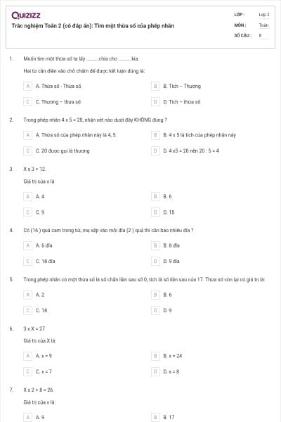 Trắc nghiệm Toán 2 (có đáp án): Tìm một thừa số của phép nhân