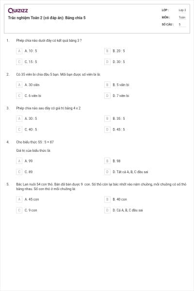 Trắc nghiệm Toán 2 (có đáp án): Bảng chia 5