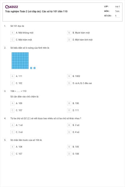 Trắc nghiệm Toán 2 (có đáp án): Các số từ 101 đến 110