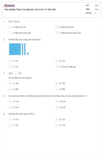 Trắc nghiệm Toán 2 (có đáp án): Các số từ 111 đến 200