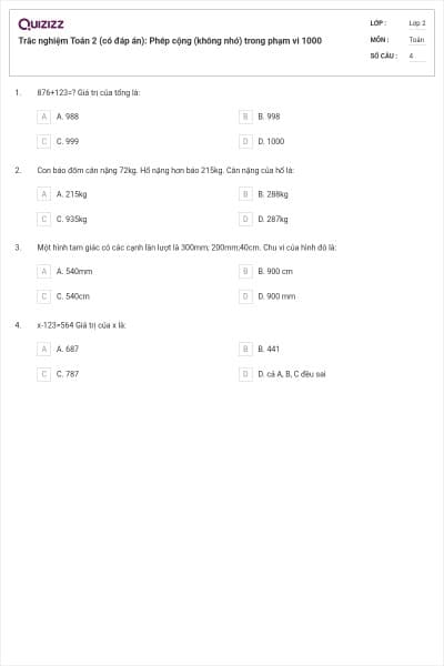 Trắc nghiệm Toán 2 (có đáp án): Phép cộng (không nhớ) trong phạm vi 1000