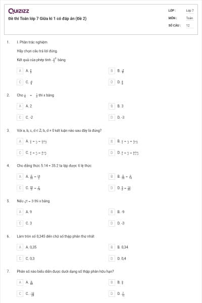 Đề thi Toán lớp 7 Giữa kì 1 có đáp án (Đề 2)