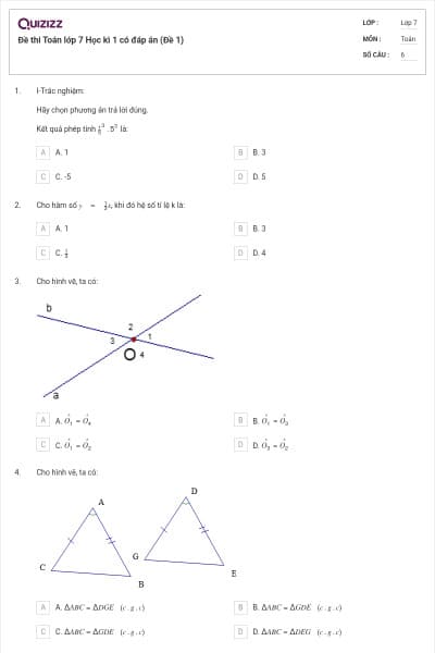 Đề thi Toán lớp 7 Học kì 1 có đáp án (Đề 1)