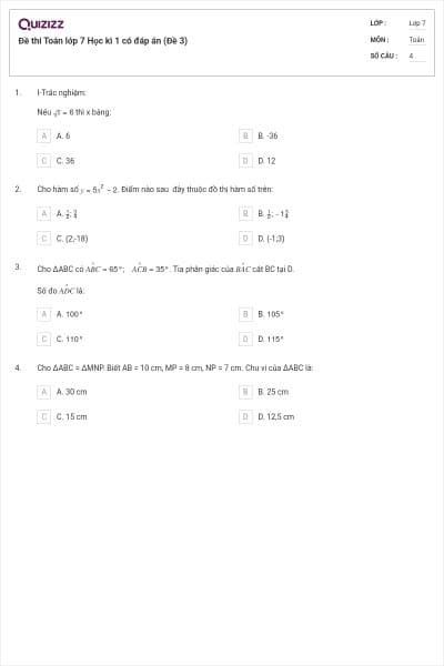 Đề thi Toán lớp 7 Học kì 1 có đáp án (Đề 3)