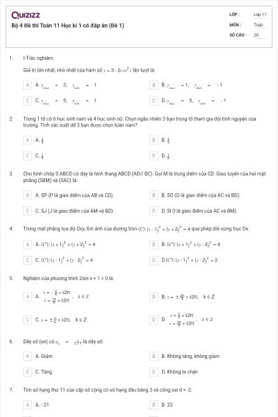Bộ 4  Đề thi Toán 11 Học kì 1 có đáp án (Đề 1)