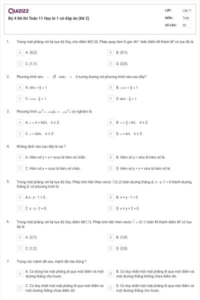 Bộ 4 Đề thi Toán 11 Học kì 1 có đáp án (Đề 2)