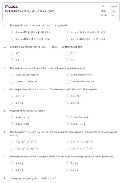 Bộ 4 Đề thi Toán 11 Học kì 1 có đáp án (Đề 3)
