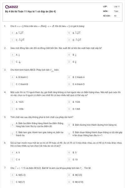 Bộ 4 Đề thi Toán 11 Học kì 1 có đáp án (Đề 4)