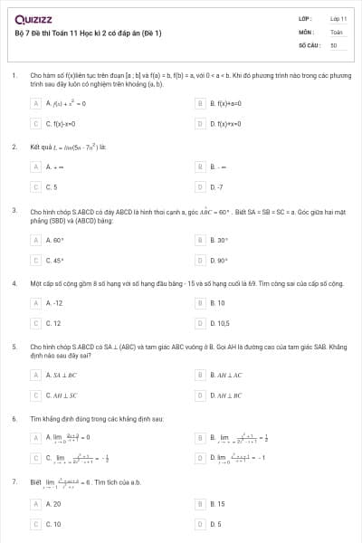 Bộ 7 Đề thi Toán 11 Học kì 2 có đáp án (Đề 1)