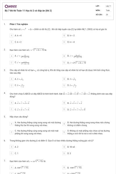 Bộ 7 Đề thi Toán 11 Học kì 2 có đáp án (Đề 2)