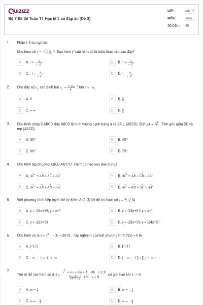 Bộ 7 Đề thi Toán 11 Học kì 2 có đáp án (Đề 3)