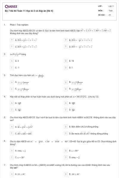 Bộ 7 Đề thi Toán 11 Học kì 2 có đáp án (Đề 4)