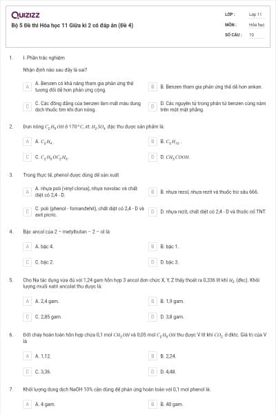 Bộ 5 Đề thi Hóa học 11 Giữa kì 2 có đáp án (Đề 4)