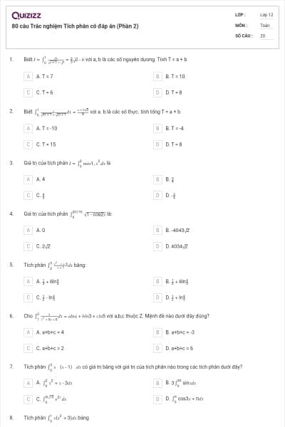 80 câu Trắc nghiệm Tích phân có đáp án (Phần 2)