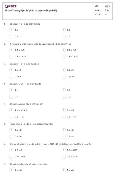 15 câu Trắc nghiệm Số phức có đáp án (Nhận biết)