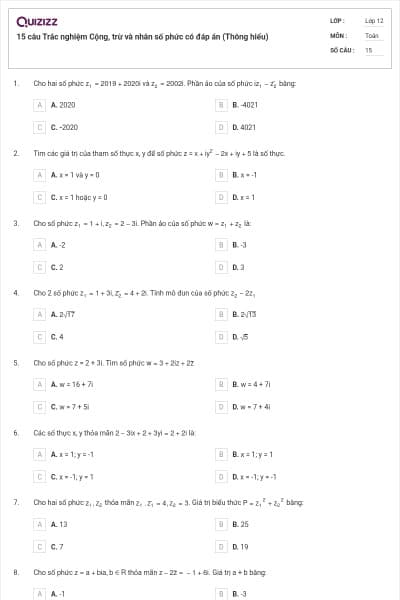 15 câu Trắc nghiệm Cộng, trừ và nhân số phức có đáp án (Thông hiểu)