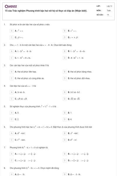 15 câu Trắc nghiệm Phương trình bậc hai với hệ số thực có đáp án (Nhận biết).