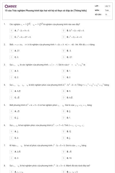 15 câu Trắc nghiệm Phương trình bậc hai với hệ số thực có đáp án (Thông hiểu)