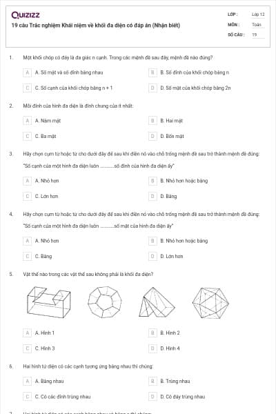 19 câu Trắc nghiệm Khái niệm về khối đa diện có đáp án (Nhận biết)