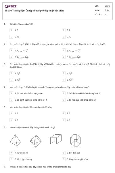 10 câu  Trắc nghiệm Ôn tập chương có đáp án (Nhận biết)
