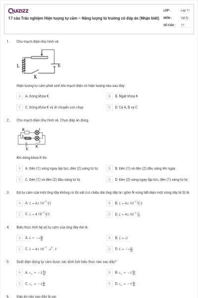 17 câu Trắc nghiệm Hiện tượng tự cảm – Năng lượng từ trường có đáp án (Nhận biết)