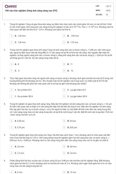 100 câu trắc nghiệm Sóng ánh sáng nâng cao (P4)