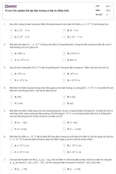 10 câu  Trắc nghiệm Bài tập điện trường có đáp án (Nhận biết)
