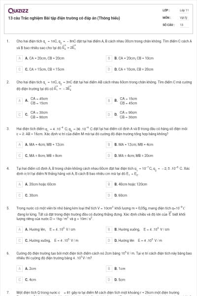 13 câu  Trắc nghiệm Bài tập điện trường có đáp án (Thông hiểu)