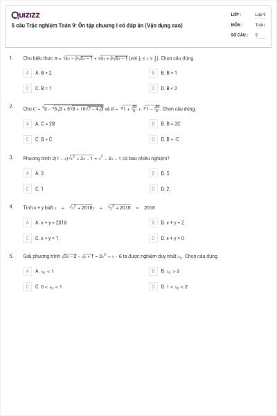 5 câu Trắc nghiệm Toán 9: Ôn tập chương I có đáp án (Vận dụng cao)