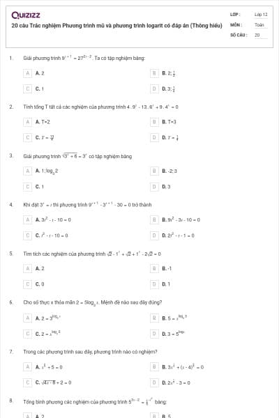 20 câu Trắc nghiệm Phương trình mũ và phương trình logarit có đáp án (Thông hiểu)