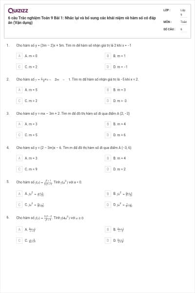 6 câu Trắc nghiệm Toán 9 Bài 1: Nhắc lại và bổ sung các khái niệm về hàm số có đáp án (Vận dụng)