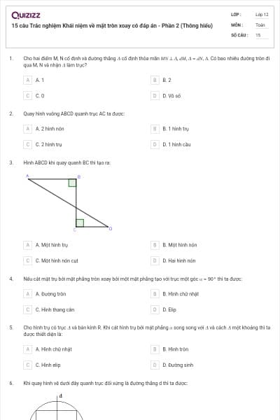 15 câu Trắc nghiệm Khái niệm về mặt tròn xoay có đáp án - Phần 2 (Thông hiểu)