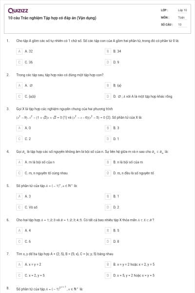 10 câu  Trắc nghiệm Tập hợp có đáp án (Vận dụng)