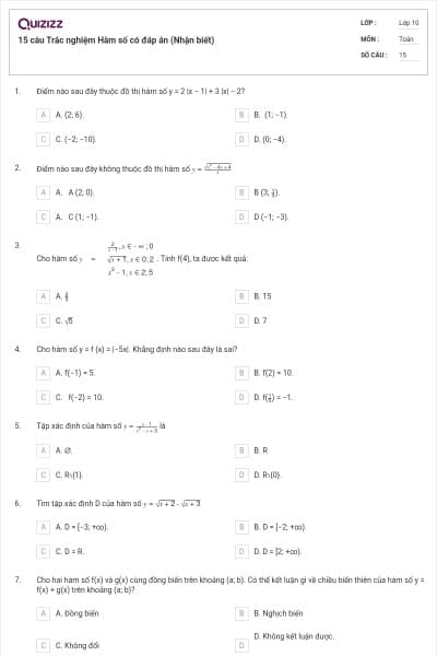 15 câu  Trắc nghiệm Hàm số có đáp án (Nhận biết)