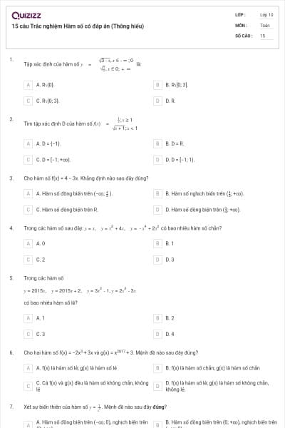 15 câu  Trắc nghiệm Hàm số có đáp án (Thông hiểu)