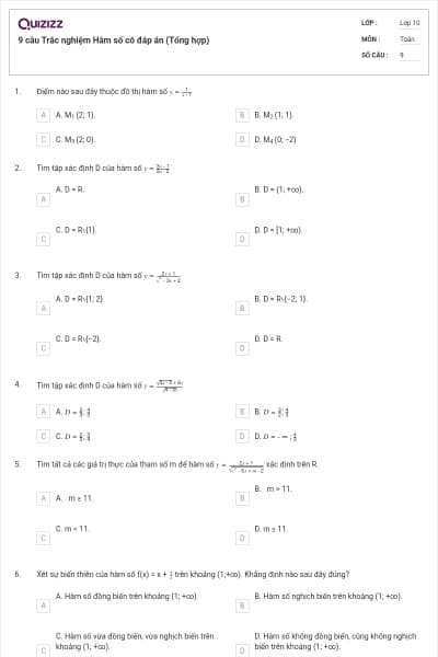 9 câu Trắc nghiệm Hàm số có đáp án (Tổng hợp)