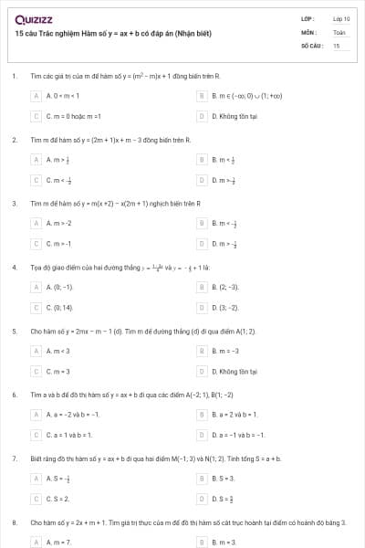 15 câu Trắc nghiệm Hàm số y = ax + b có đáp án (Nhận biết)