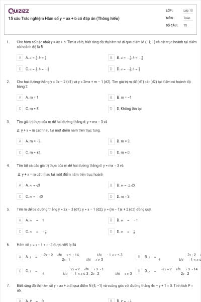15 câu Trắc nghiệm Hàm số y = ax + b có đáp án (Thông hiểu)