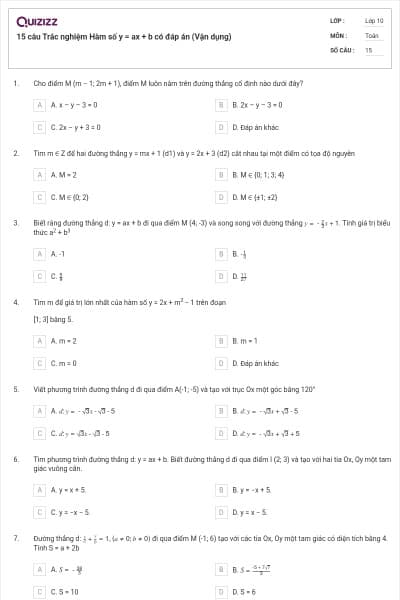 15 câu Trắc nghiệm Hàm số y = ax + b có đáp án (Vận dụng)