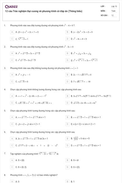 12 câu Trắc nghiệm Đại cương về phương trình có đáp án (Thông hiểu)