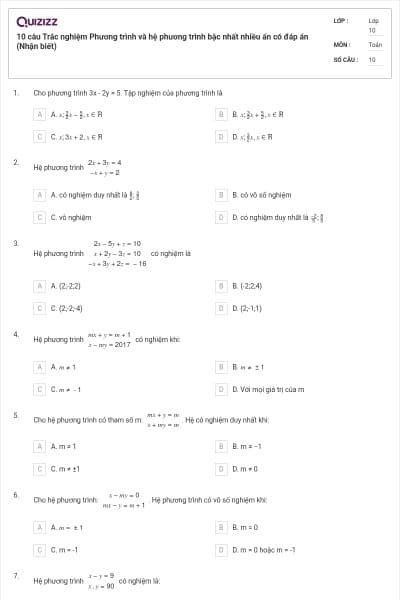 10 câu  Trắc nghiệm Phương trình và hệ phương trình bậc nhất nhiều ẩn có đáp án (Nhận biết)