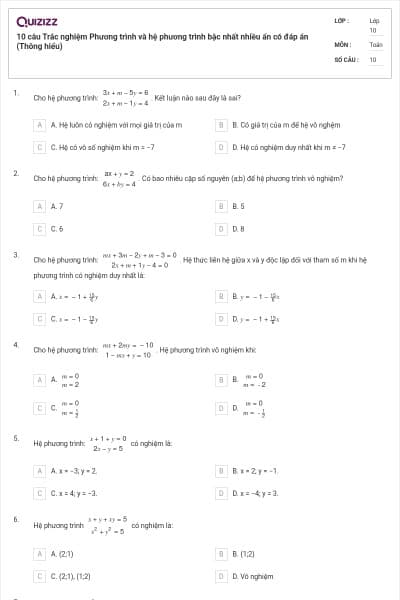 10 câu  Trắc nghiệm Phương trình và hệ phương trình bậc nhất nhiều ẩn có đáp án (Thông hiểu)