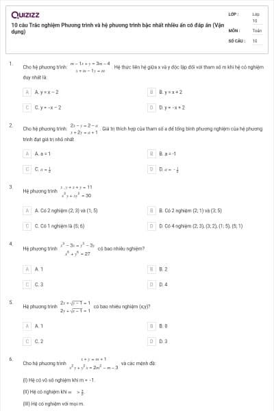 10 câu  Trắc nghiệm Phương trình và hệ phương trình bậc nhất nhiều ẩn có đáp án (Vận dụng)