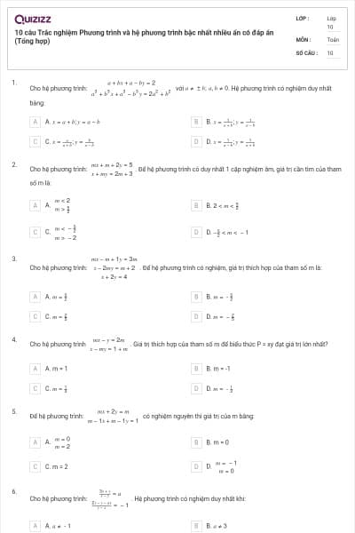 10 câu Trắc nghiệm Phương trình và hệ phương trình bậc nhất nhiều ẩn có đáp án (Tổng hợp)