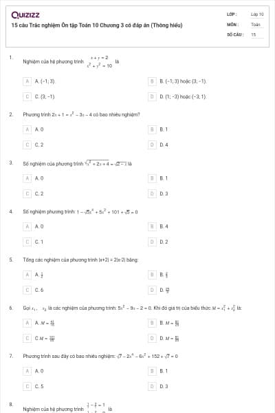 15 câu Trắc nghiệm Ôn tập Toán 10 Chương 3 có đáp án (Thông hiểu)
